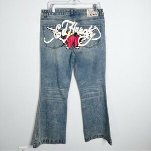 Ed Hardy Jeans Womens 32 Flare Blue Dagger Hearts Y2K Tattoo Light Wash D